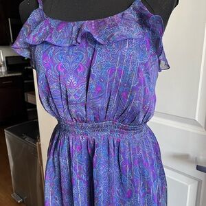 Express blue and purple paisley dress with gold pinstripes